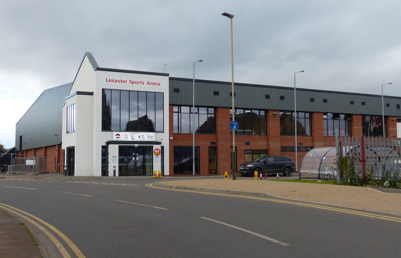 Mattioli Arena exterior photographed in 2017, with its earlier Leicester Community Sports Arena branding