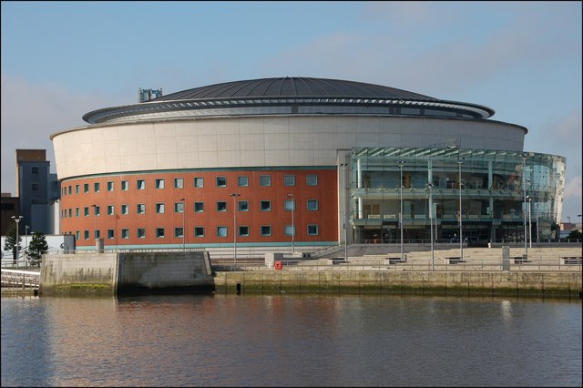 Waterfront Hall’s curved exterior across the River Lagan in Belfast
